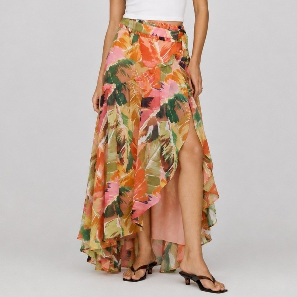 Hutch Ruffle Wrap Maxi Skirt S Multi Color Floral Chiffon Boho Tropical